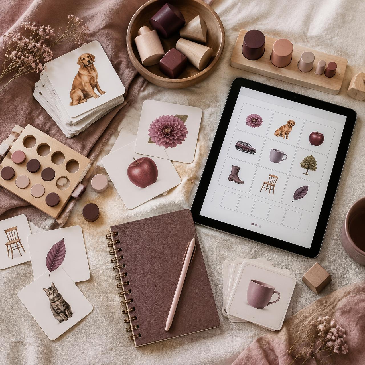 Cartes imagées, jeux en bois et tablette de ressources thérapeutiques